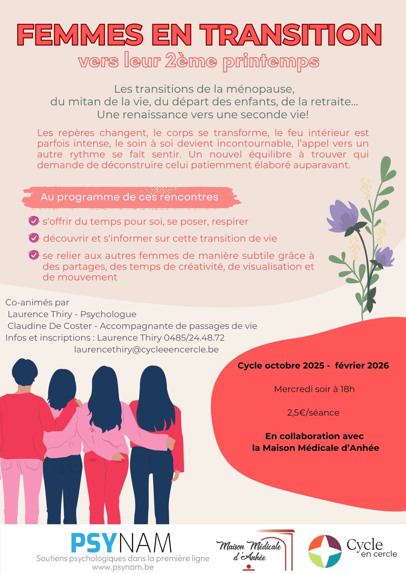 Ateliers: Femmes en transition vers leur deuxième printemps: ménopause, mitan de la vie, départ des enfants...